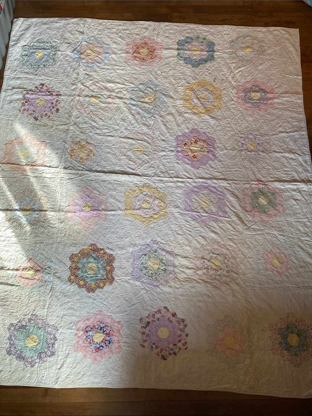 Handmade Cottagecore Patchwork Quilt - Cream with Pastel Flowers 76” X 63”